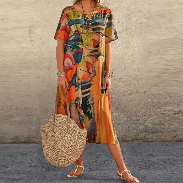 Isabella | Casual Zomerjurk met Handgeschilderd Patroon