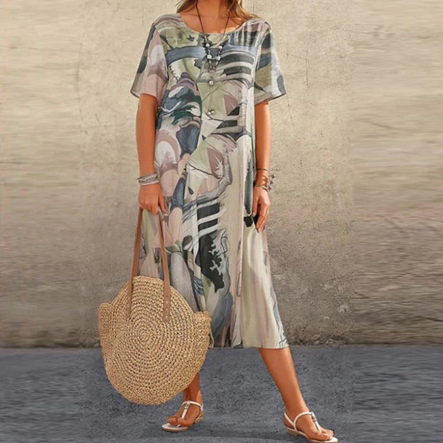 Isabella | Casual Zomerjurk met Handgeschilderd Patroon