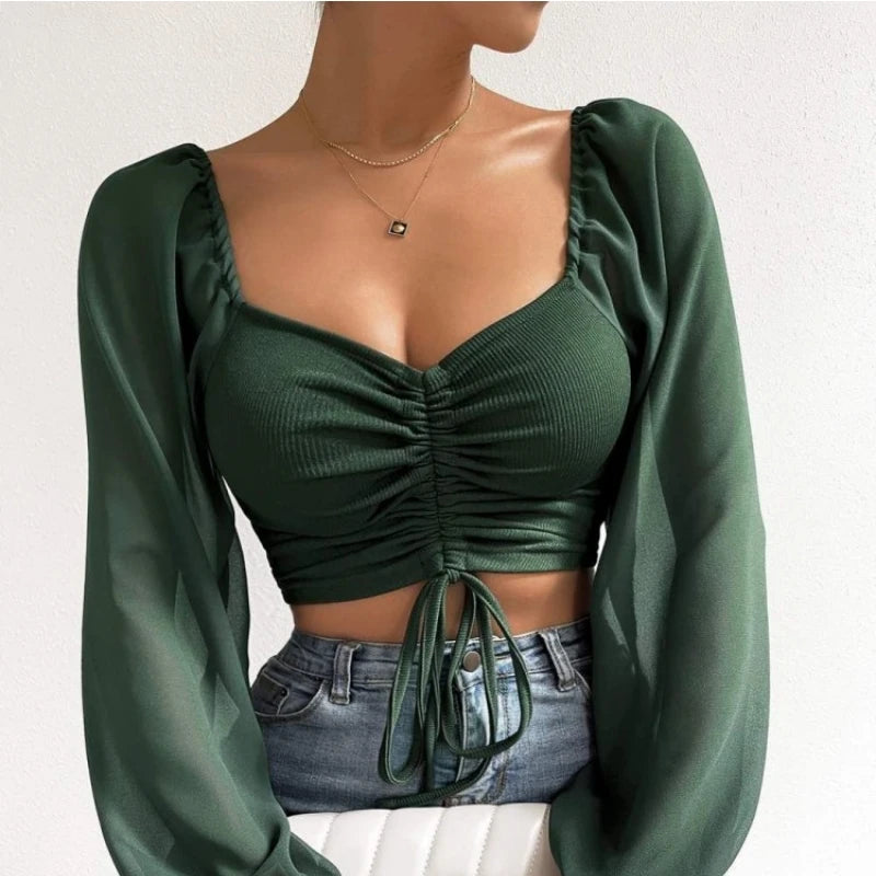 Elena | Sexy Mesh Top met Lantaarnmouwen en Trekkoord