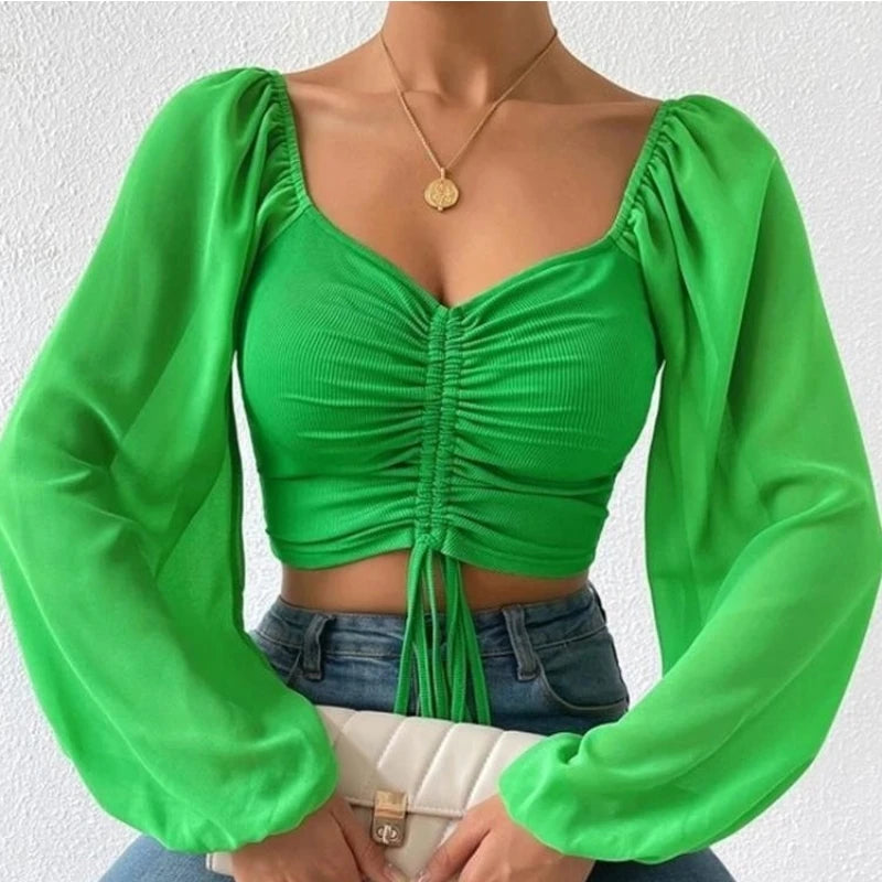 Elena | Sexy Mesh Top met Lantaarnmouwen en Trekkoord