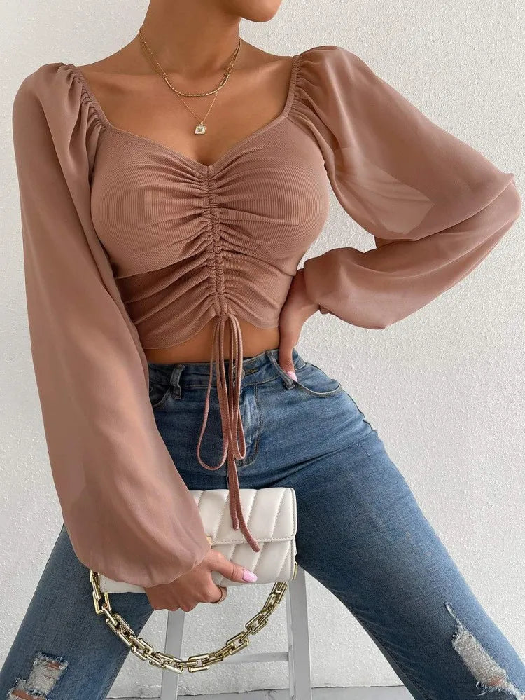 Elena | Sexy Mesh Top met Lantaarnmouwen en Trekkoord
