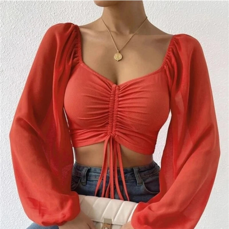 Elena | Sexy Mesh Top met Lantaarnmouwen en Trekkoord
