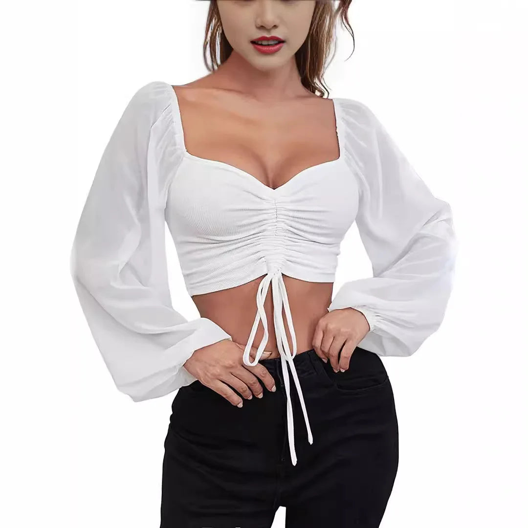 Elena | Sexy Mesh Top met Lantaarnmouwen en Trekkoord