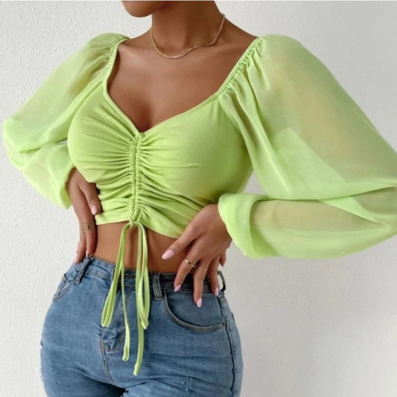 Elena | Sexy Mesh Top met Lantaarnmouwen en Trekkoord