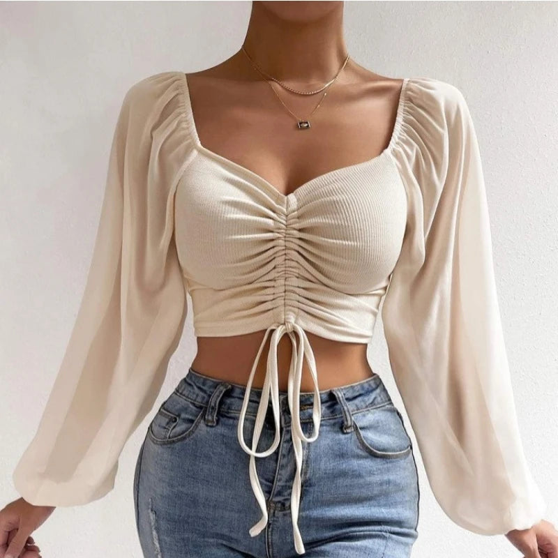 Elena | Sexy Mesh Top met Lantaarnmouwen en Trekkoord
