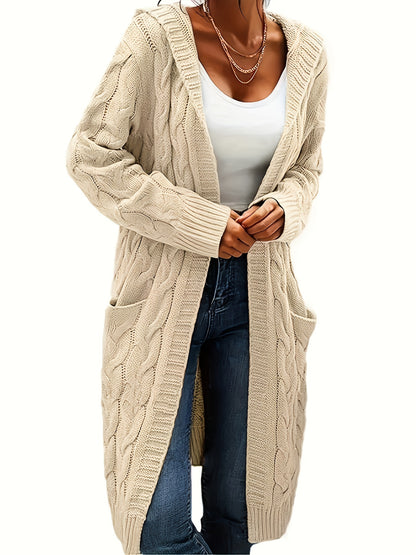 Emma | Solid Open Front Cable Knit Hooded Cardigan