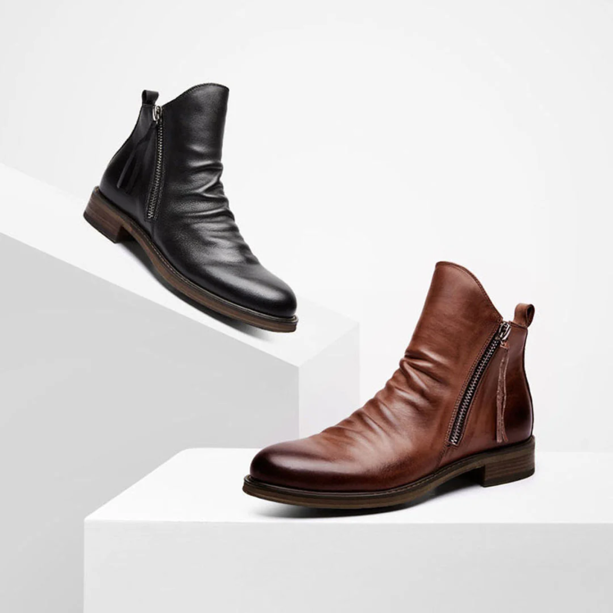 LuxeMax – Herren-Stiefeletten aus echtem Leder mit Reißverschluss und niedrigem Absatz, stilvolle Schuhe