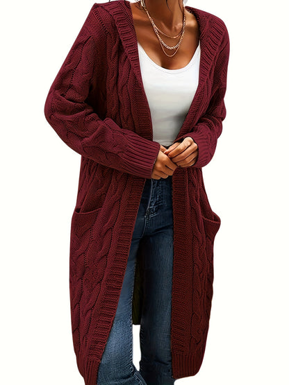 Emma | Solid Open Front Cable Knit Hooded Cardigan