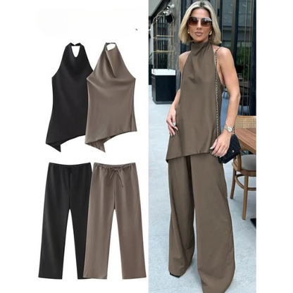 Chloe | Sexy rückenfreies Neckholder-Top mit verstellbaren Schnürsenkeln und asymmetrischer Hose 