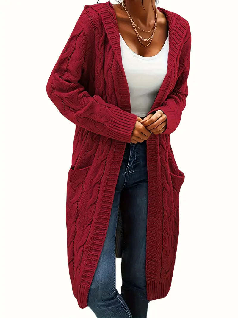 Emma | Solid Open Front Cable Knit Hooded Cardigan