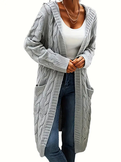 Emma | Solid Open Front Cable Knit Hooded Cardigan