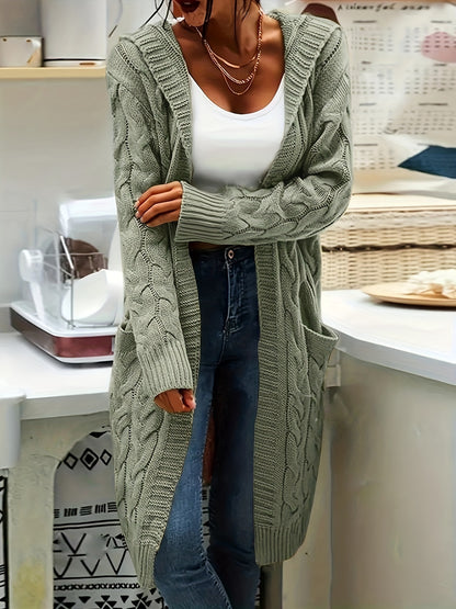 Emma | Solid Open Front Cable Knit Hooded Cardigan