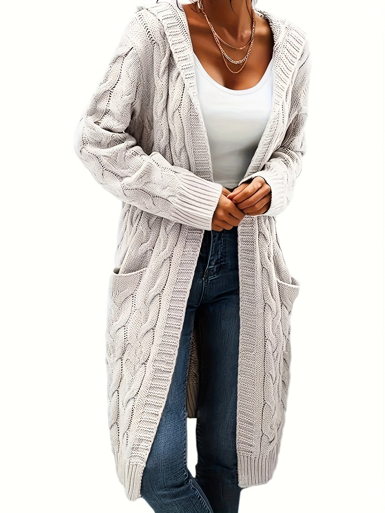 Emma | Solid Open Front Cable Knit Hooded Cardigan