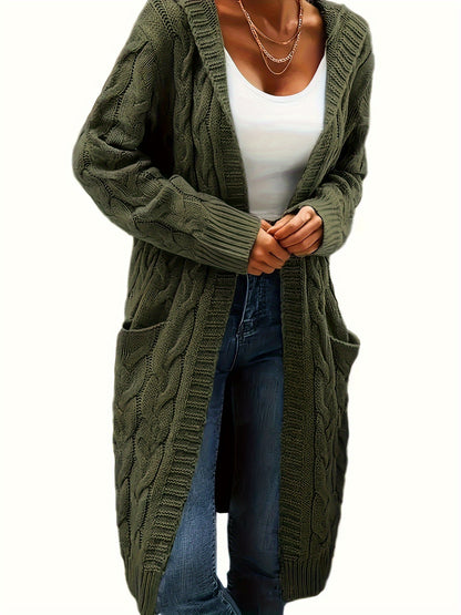 Emma | Solid Open Front Cable Knit Hooded Cardigan