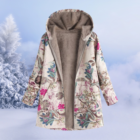 Lina | Warme Winterjas met Bloemenprint en Capuchon