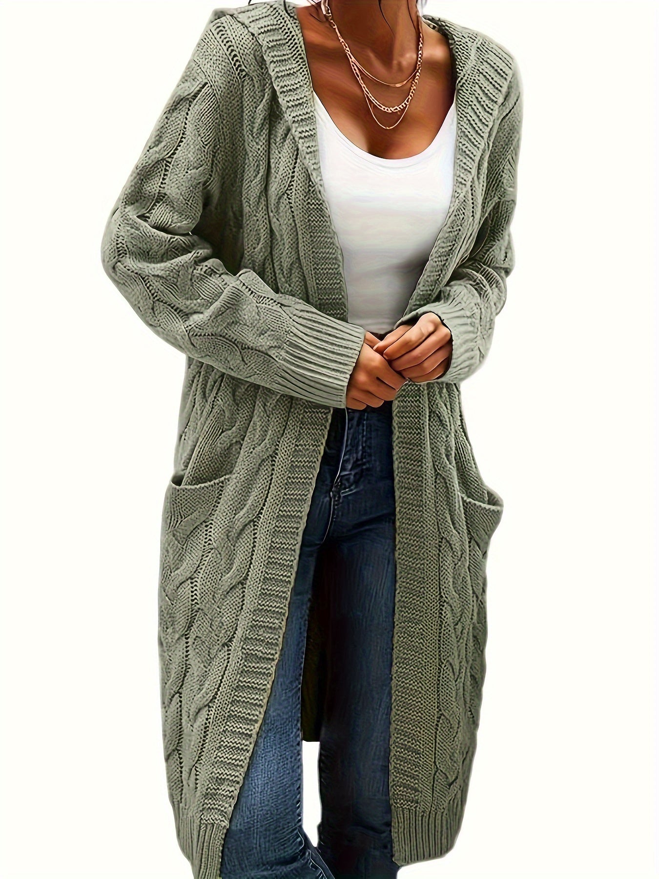 Emma | Solid Open Front Cable Knit Hooded Cardigan