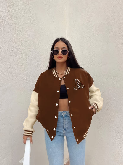 Emily | Color Block Letter Print Bomber Jacket