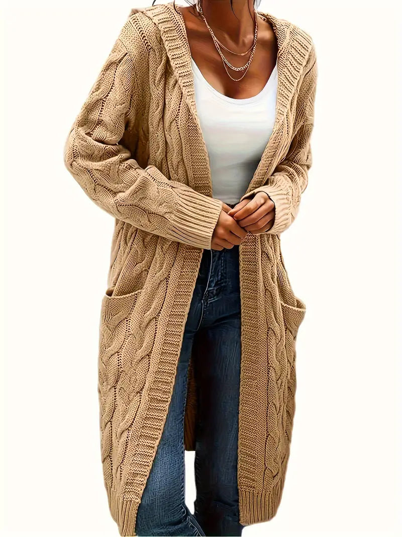 Emma | Solid Open Front Cable Knit Hooded Cardigan