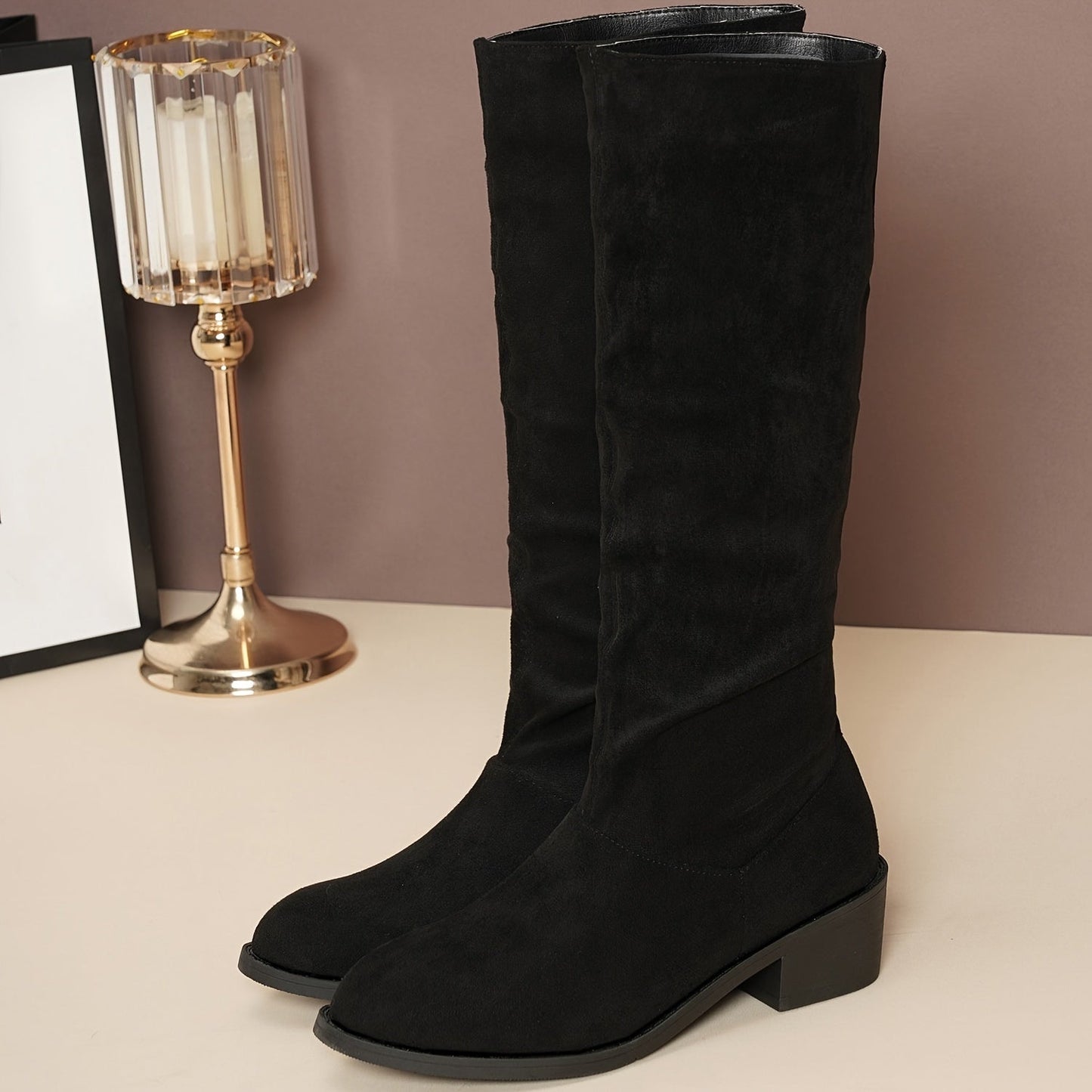 Fleur – Schicke Vintage-Damenstiefel, mittelhoch, Blockabsatz, zum Hineinschlüpfen, Samt-Finish