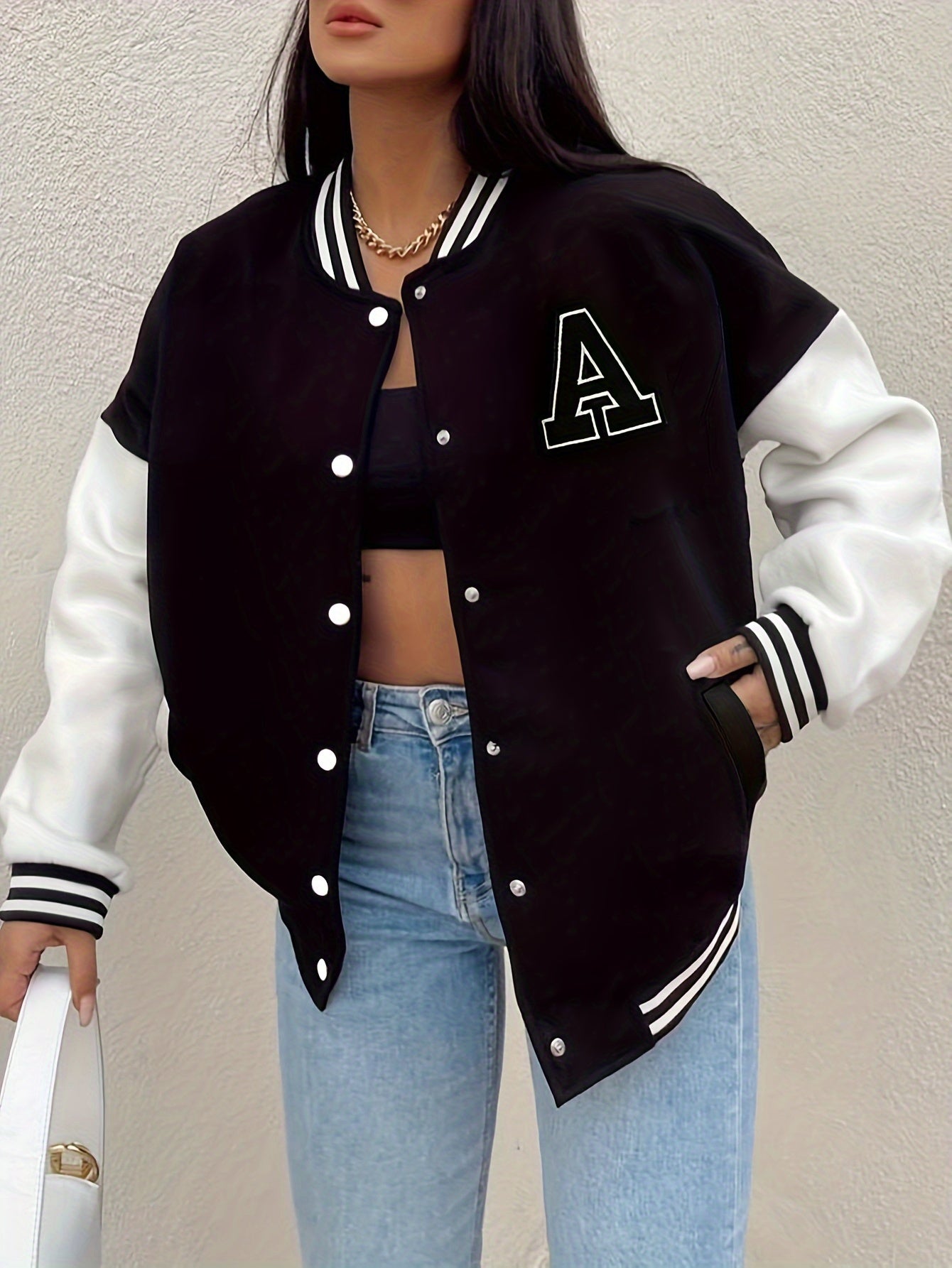 Emily | Color Block Letter Print Bomber Jacket