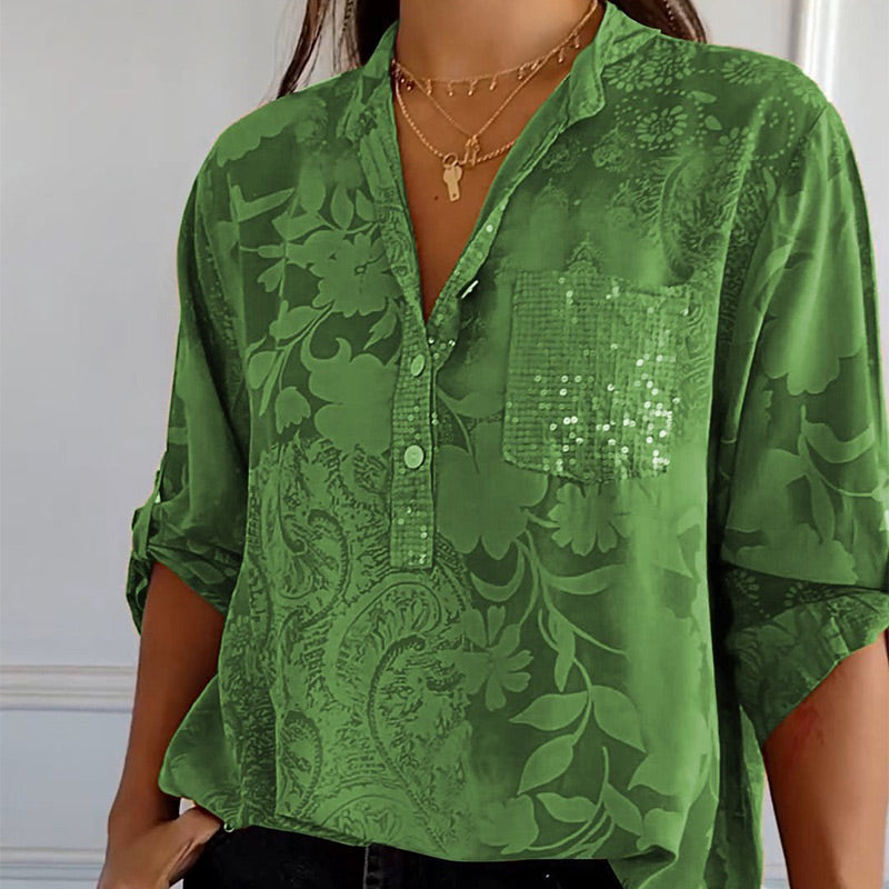 Floré-Shirt | Elegante bedruckte Bluse mit Vordertasche